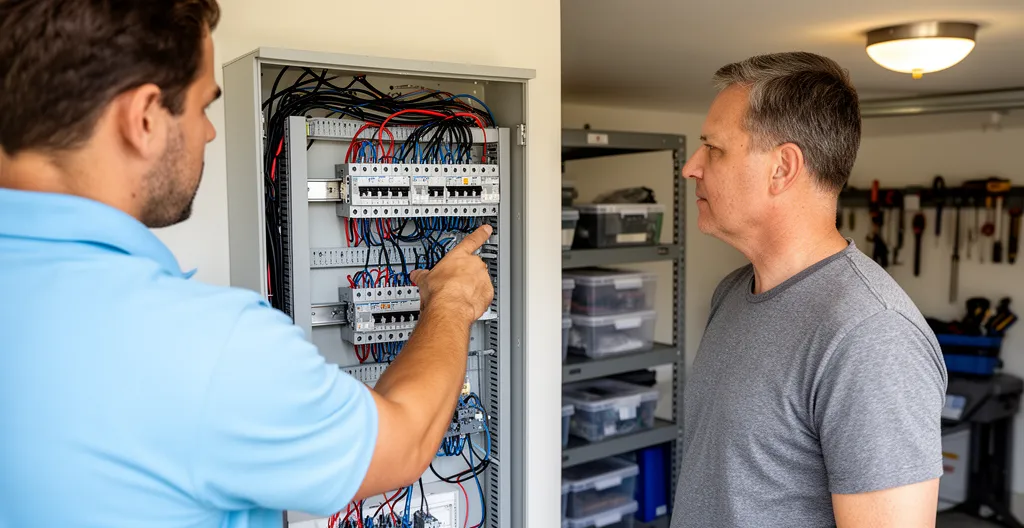 Technicien expliquant le tableau électrique à un propriétaire dans un garage