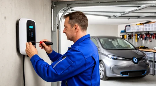 Technicien fixant une borne de recharge blanche sur le mur d'un garage résidentiel