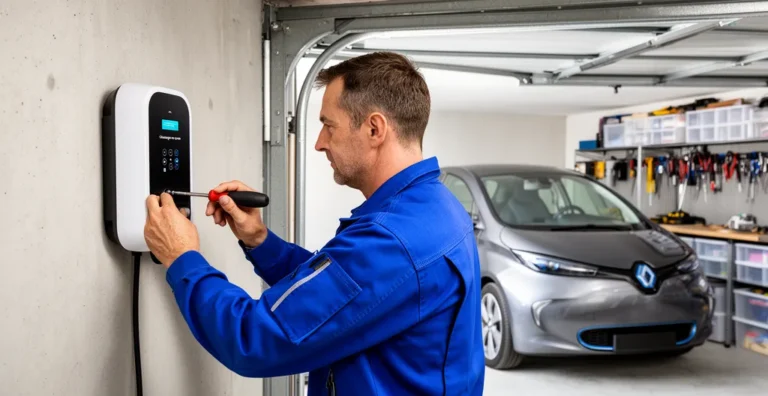 Technicien fixant une borne de recharge blanche sur le mur d'un garage résidentiel