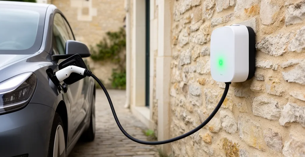 Voiture électrique branchée sur une borne murale dans une allée résidentielle